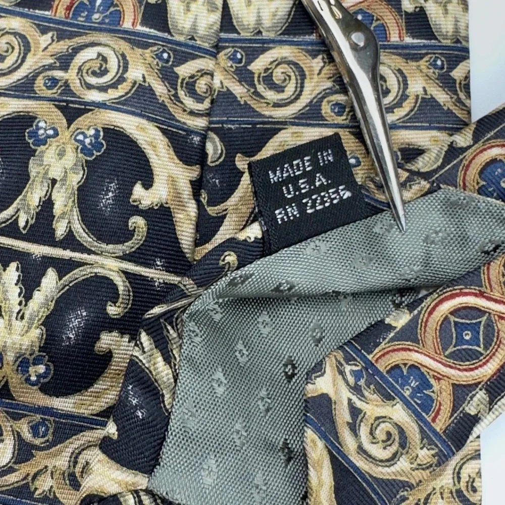 Monsieur Givenchy Silk Tie Navy‎ Gold Baroque Scrollwork Vintage Made in USA
